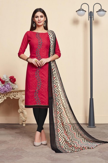 Red Cotton Silk Churidar Suits