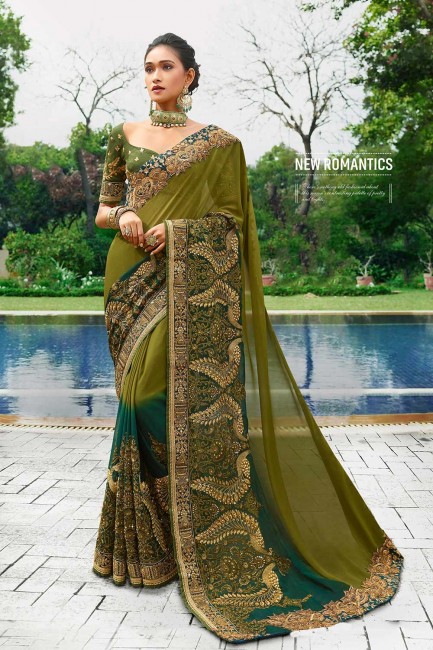 Olive Green & Peacock Blue  Georgette Embroidered Saree with Blouse