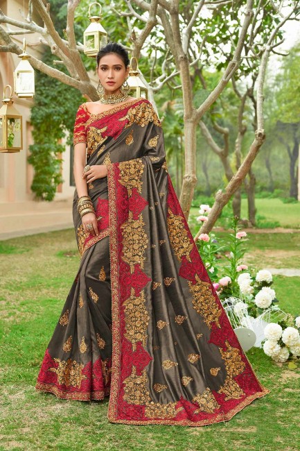 Fascinating Saree in Dark Green Art Silk with Embroidered