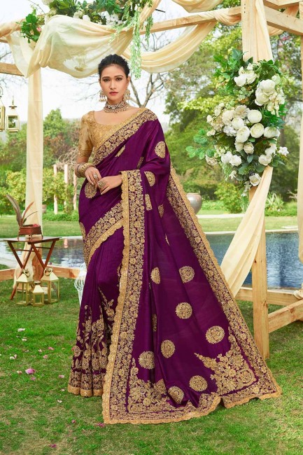 Exquisite Embroidered Saree in Purple Silk