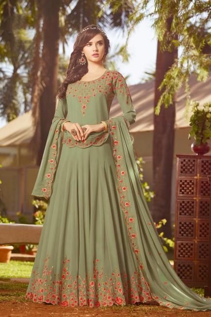 Anarkali Suits in Olive Green Georgette with Georgette