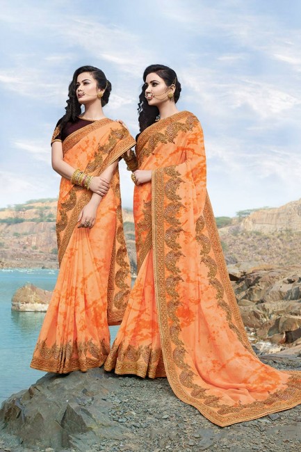 Georgette & Silk Saree with Embroidered in Orange