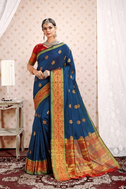 Blue Cotton & Silk Weaving Saree with Blouse