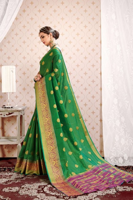 Saree in Green Cotton & Silk with Weaving