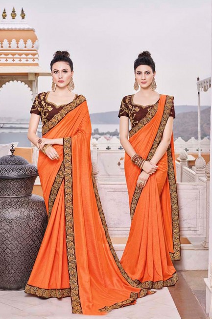 Orange Silk Embroidered Saree with Blouse