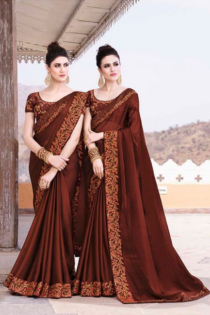 Stunning Brown Embroidered Silk Saree