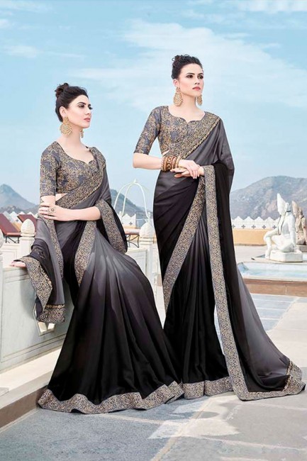 Grey & Black Georgette & Silk Embroidered Saree with Blouse
