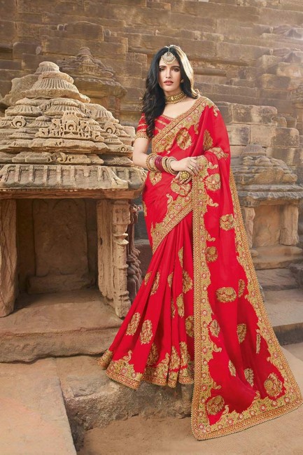 Georgette & Silk Saree with Embroidered in crimson Red