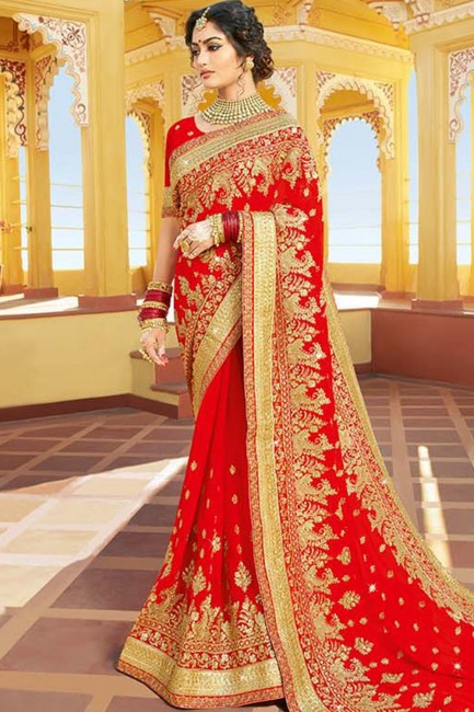 Gorgeous Embroidered Georgette Saree in Red