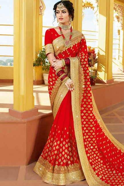 Stunning Georgette Saree with Embroidered in Red