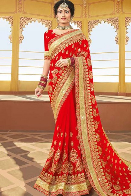 Stylish Georgette Embroidered Red Saree with Blouse