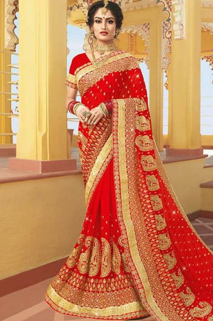 Elegant Georgette Embroidered Red Saree with Blouse
