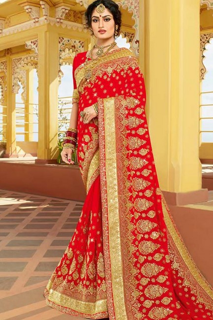 Dazzling Red Georgette Embroidered Saree with Blouse