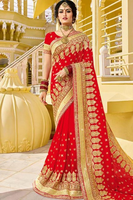Opulent Red Saree in Georgette with Embroidered