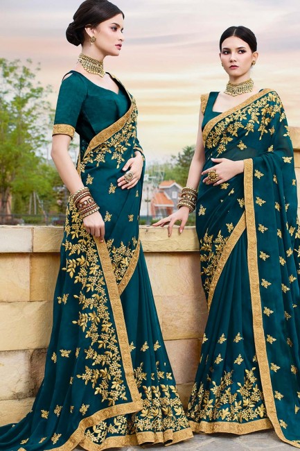 Prussian Blue  Saree in Embroidered Georgette