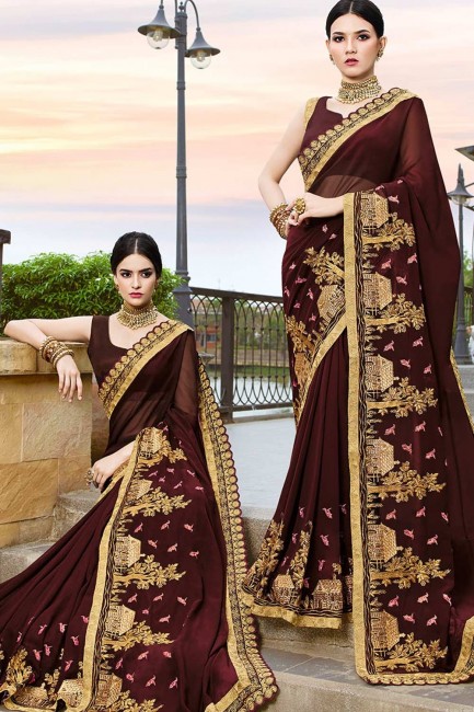 Embroidered Georgette Brown Saree Blouse
