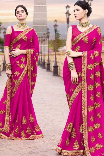 Rani Pink Georgette Saree with Embroidered