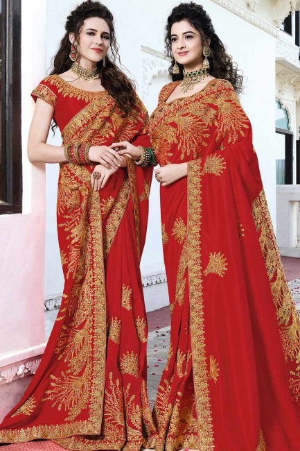 Latest Ethnic Embroidered Silk Saree in Red with Blouse