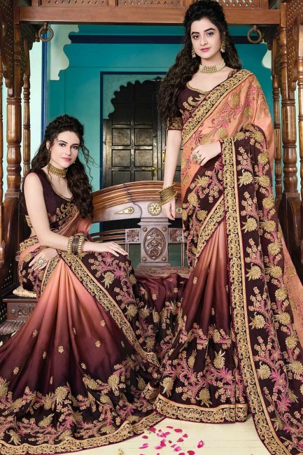 Georgette & Silk Embroidered wine Peach Saree with Blouse