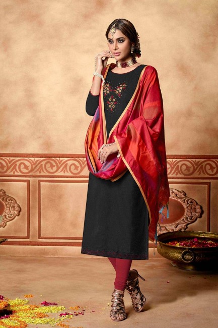 Cotton Churidar Suits in Black with dupatta