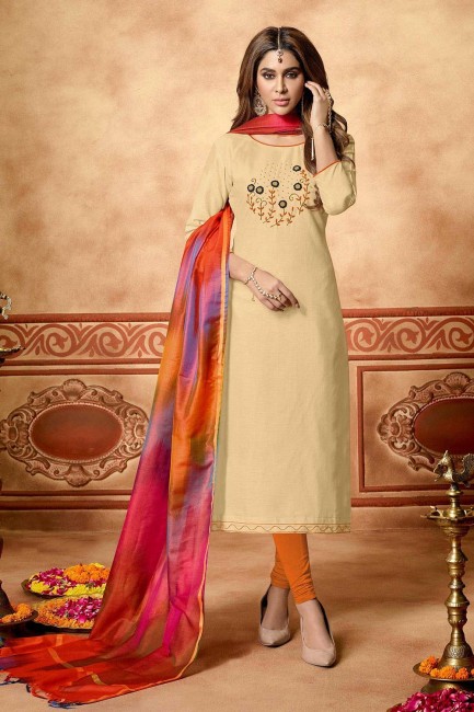 Cotton Churidar Suits in Cream with Cotton