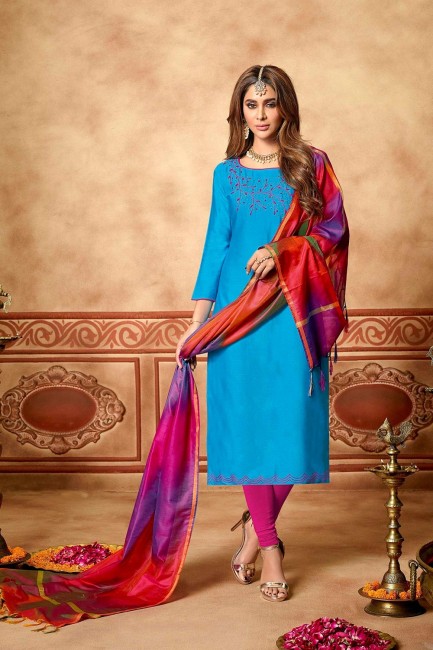 Enticing Cotton Churidar Suits in Blue with dupatta