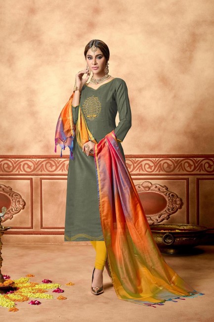 Olive Green Churidar Suits in Cotton with Cotton