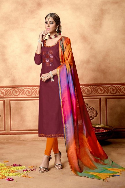 Olive Maroon Churidar Suits in Cotton with Cotton
