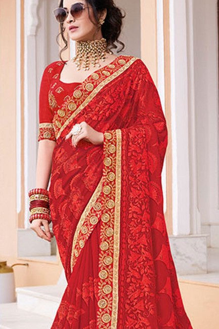 Classy Red Georgette Embroidered Saree with Blouse