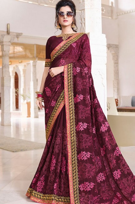 Pink & Magenta Saree in Chiffon with Embroidered