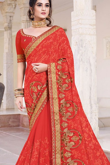 Indian Ethnic Red Embroidered Saree in Georgette