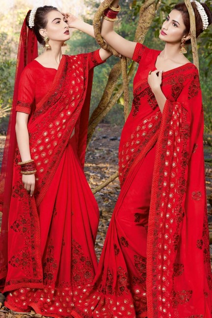 Red Embroidered Saree in Satin