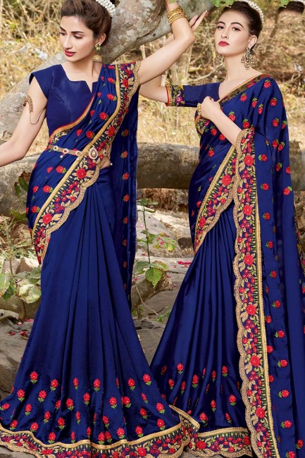 Royal Blue Saree with Embroidered Satin
