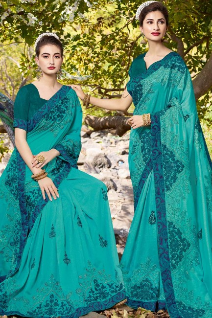 Turquoise Blue Saree with Embroidered Satin