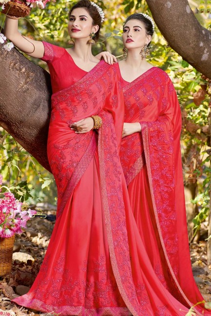 Embroidered Satin Saree in Dark Pink with Blouse