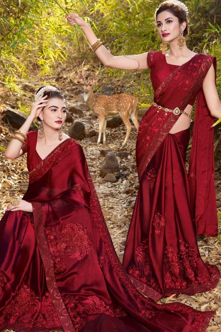 Maroon Saree in Satin with Embroidered