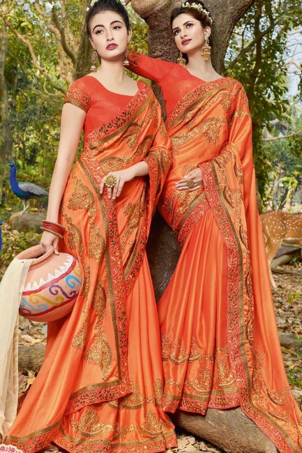Orange Embroidered Satin Saree