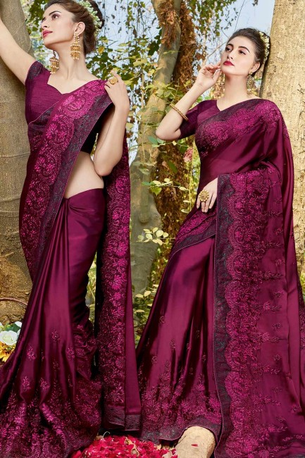 Wine Saree in Satin with Embroidered