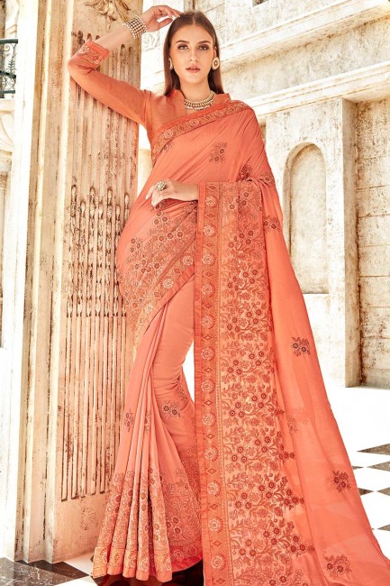 Indian Ethnic Georgette & Silk Saree in Peach with Embroidered