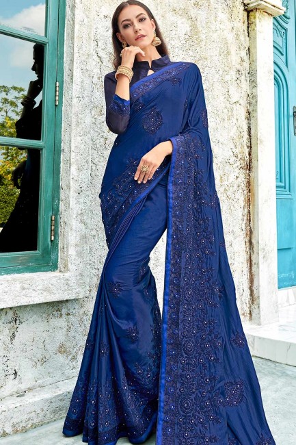 Royal Blue Satin & Silk Embroidered Saree with Blouse