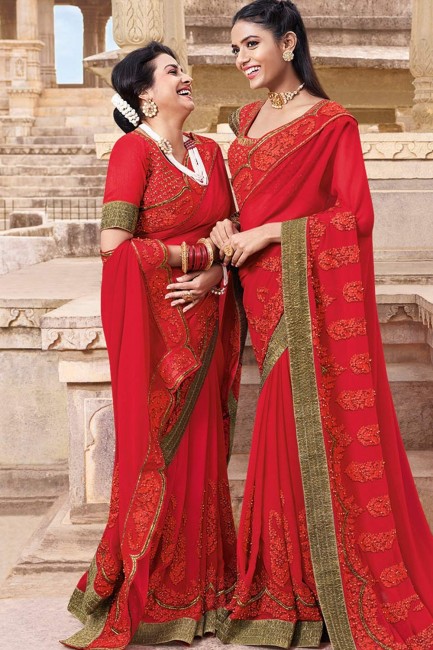 Traditional Red Embroidered Georgette Saree