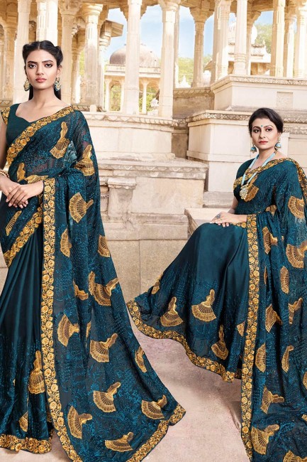 Prussian Blue  Saree with Embroidered Satin & Silk
