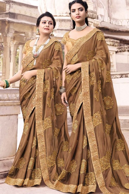 Chiffon Embroidered Light Brown Saree with Blouse