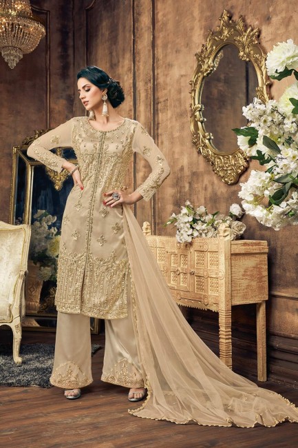 Cream Palazzo Suits in Net with Net