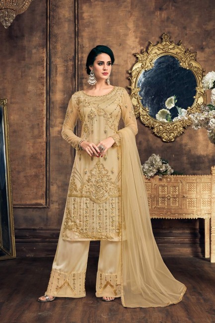 Beige Net Palazzo Suits with Net