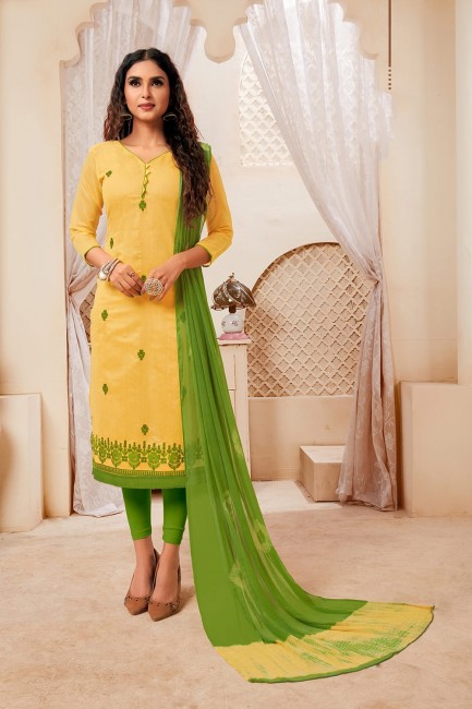 Silk Churidar Suits in Yellow with Silk