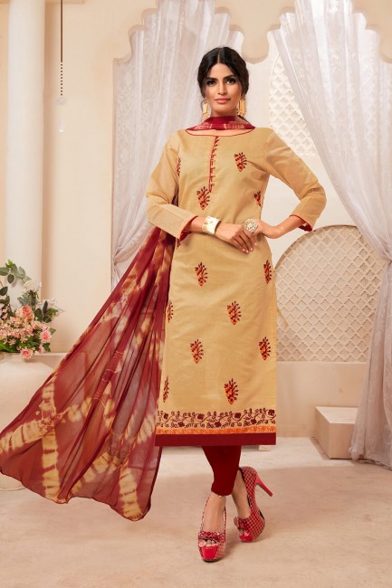 Beige Silk Churidar Suits with dupatta