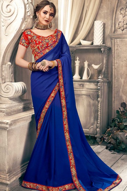 Royal Blue Embroidered Saree in Chiffon
