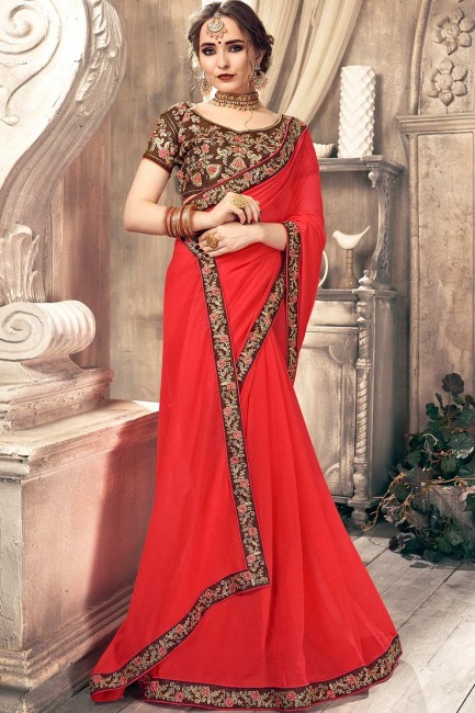 Embroidered Chiffon Saree in Crimson Red with Blouse