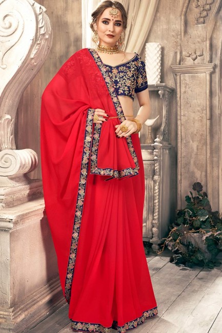 Splendid Red Chiffon Saree with Embroidered